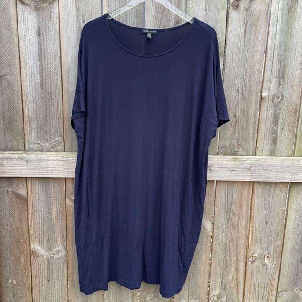 Eileen Fisher Dress Viscose‎ Jersey Cap-Sleeve Boxy Fit Tunic Blue Large Classic